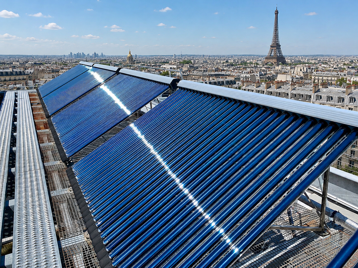 Panneaux solaires produisant de l'eau chaude sanitaire pour un bâtiment tertiaire