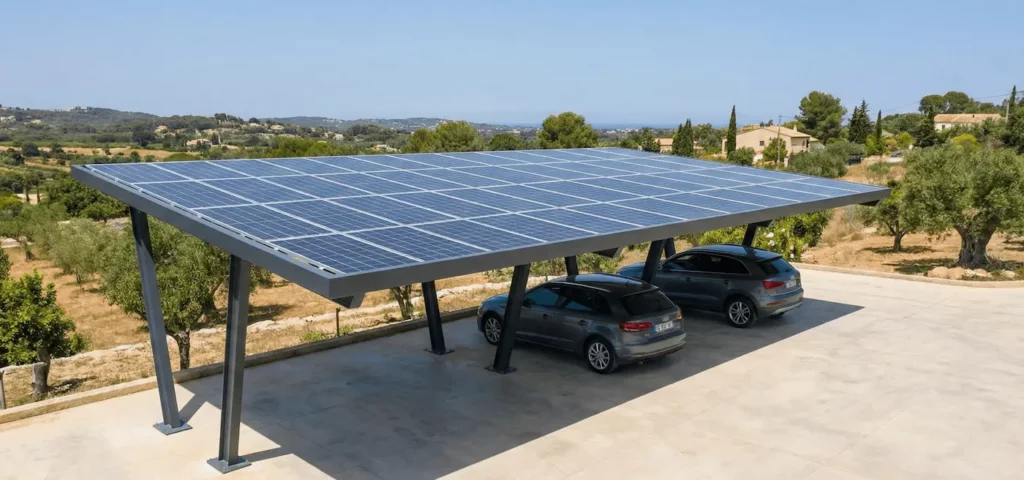 Parking couvert par des ombrières solaires avec véhicules garés en dessous